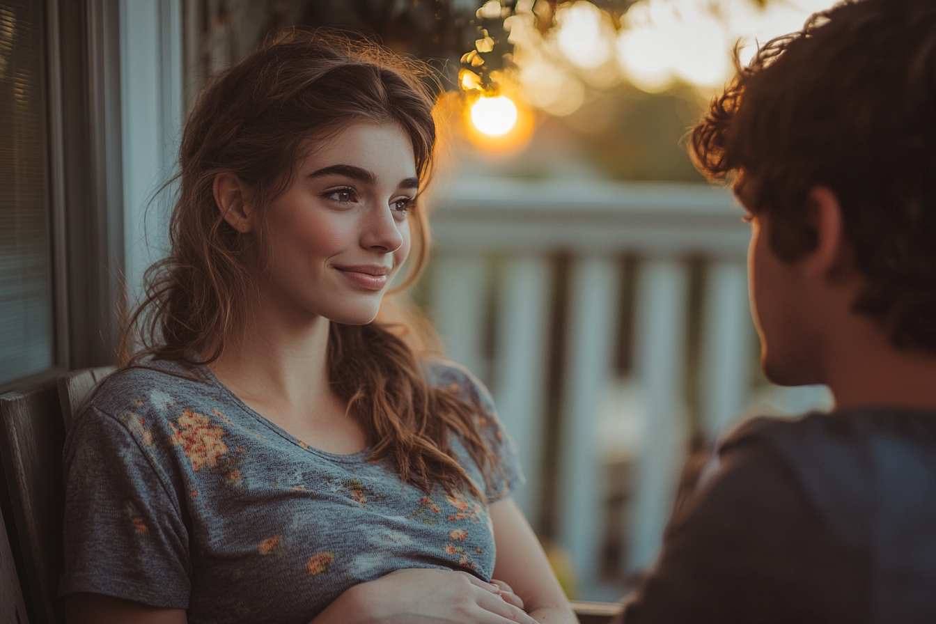 A happy expectant woman sitting on a porch with a man | Source: Midjourney