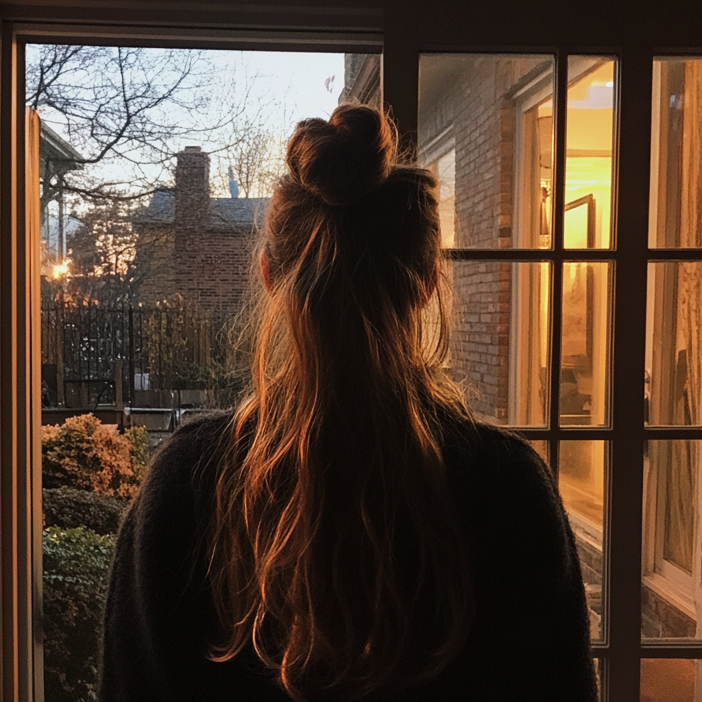 A woman walking out of a house | Source: Midjourney