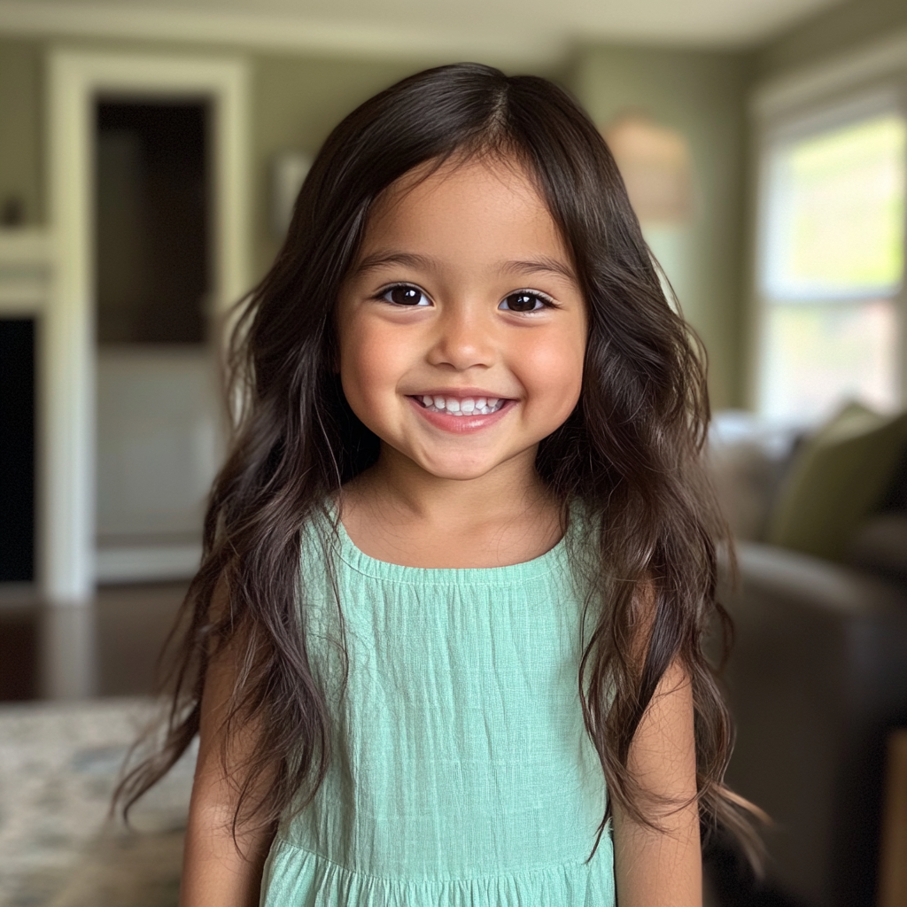 A smiling little girl standing in a living room | Source: Midjourney