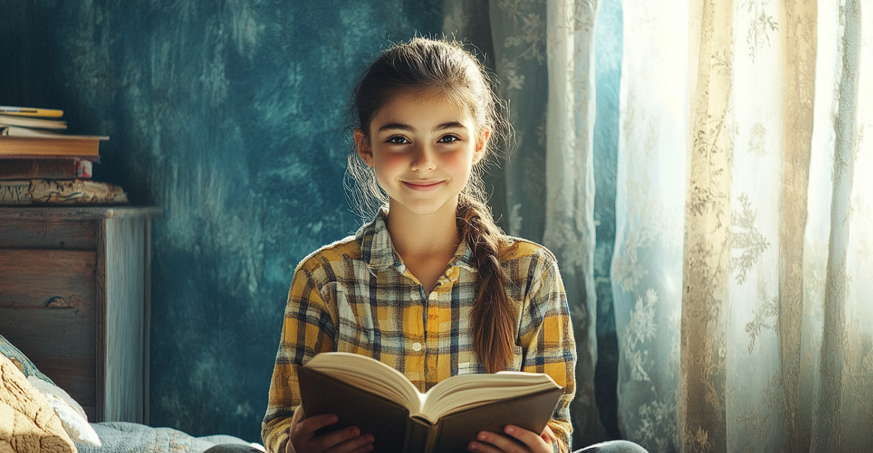 A girl sitting on a bed with a book | Source: Midjourney