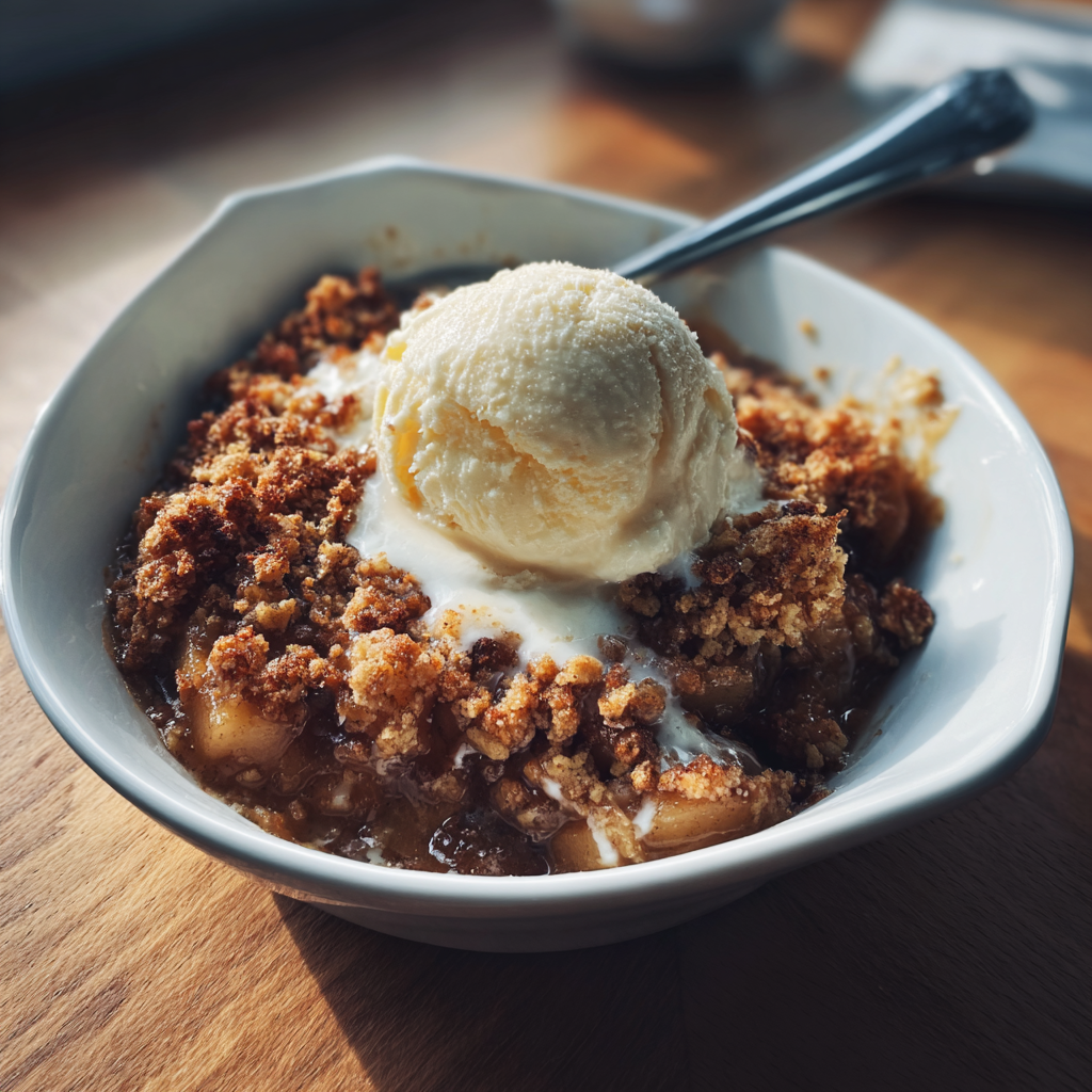 A bowl of apple crisp and vanilla ice cream | Source: Midjourney