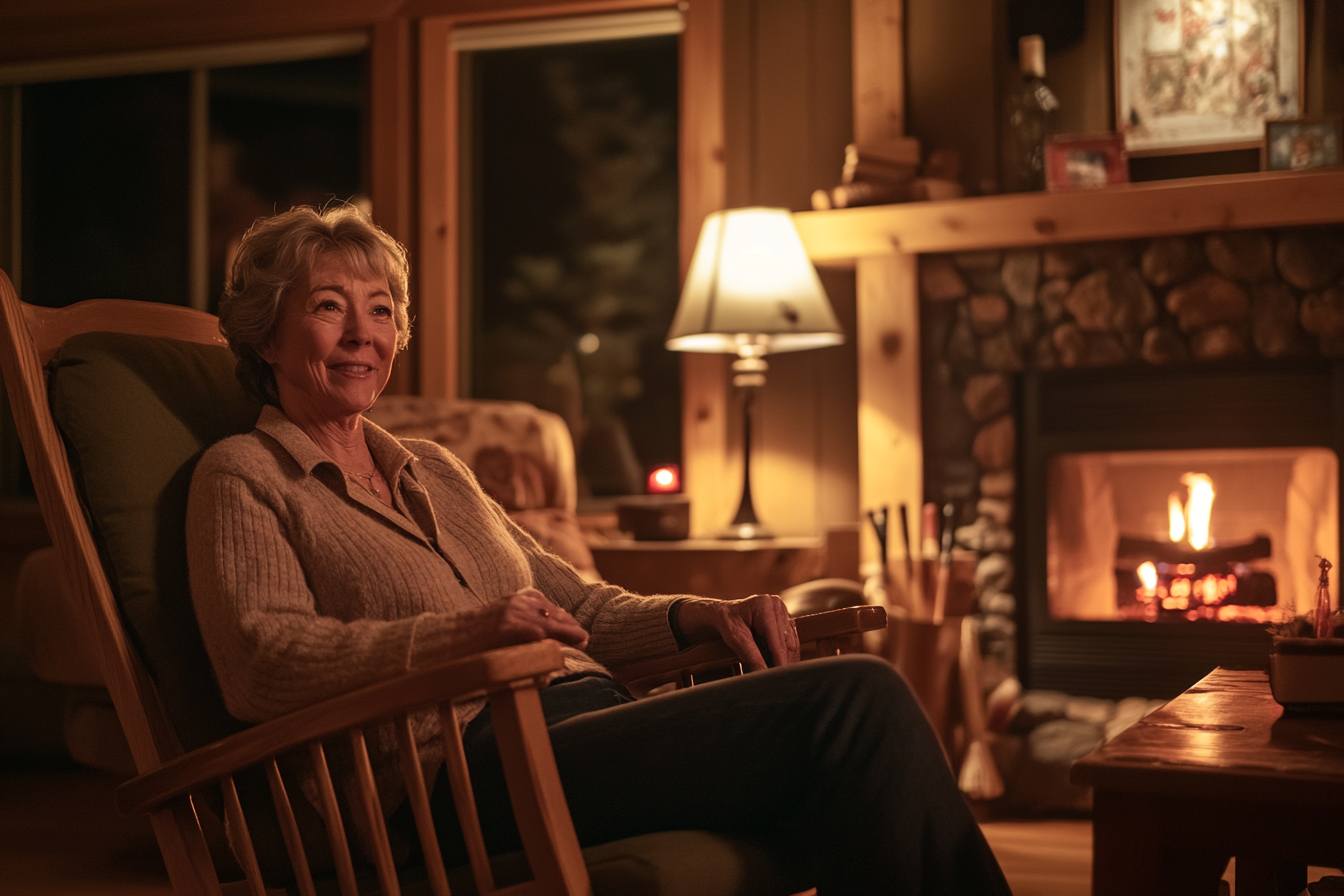 A grandmother on a rocking chair, smiling in front of a fireplace in a cozy home | Source: Midjourney