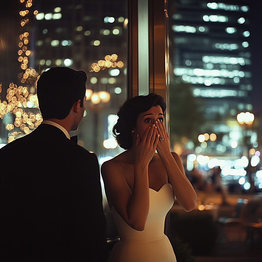 A shocked woman standing next to a man | Source: Midjourney