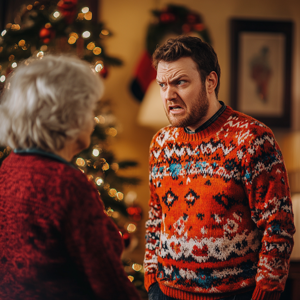 An angry man talking in the living room | Source: Midjourney