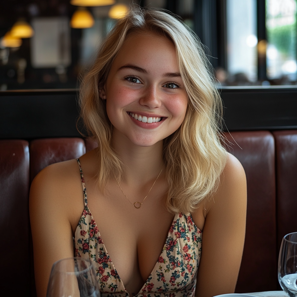 A smiling woman in a restaurant | Source: Midjourney