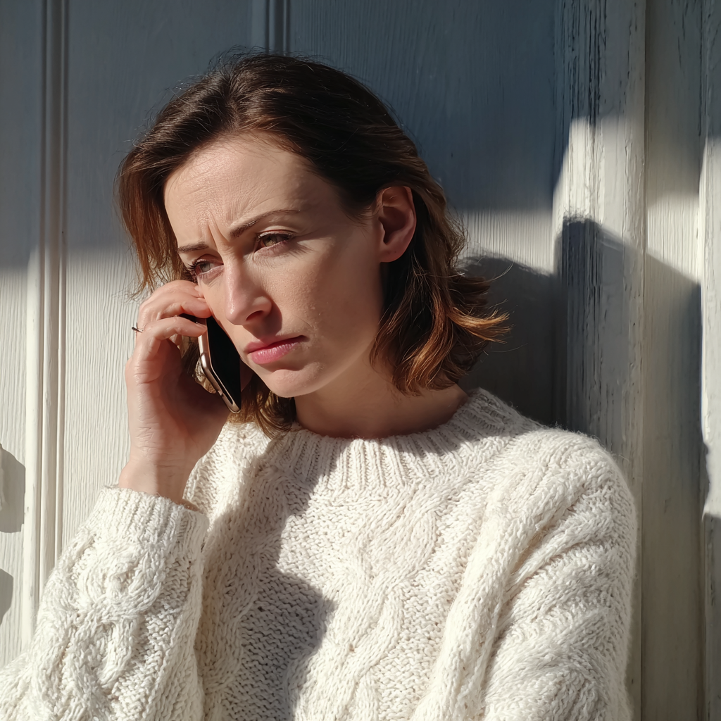 A frowning woman talking on a phone | Source: Midjourney