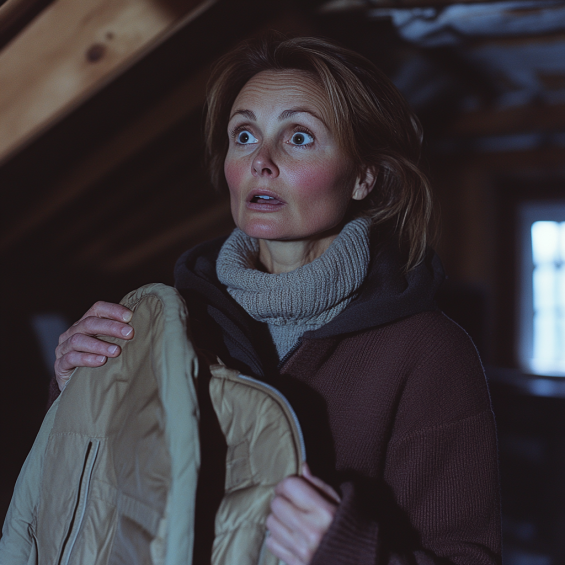 A shocked woman holding an old jacket | Source: Midjourney