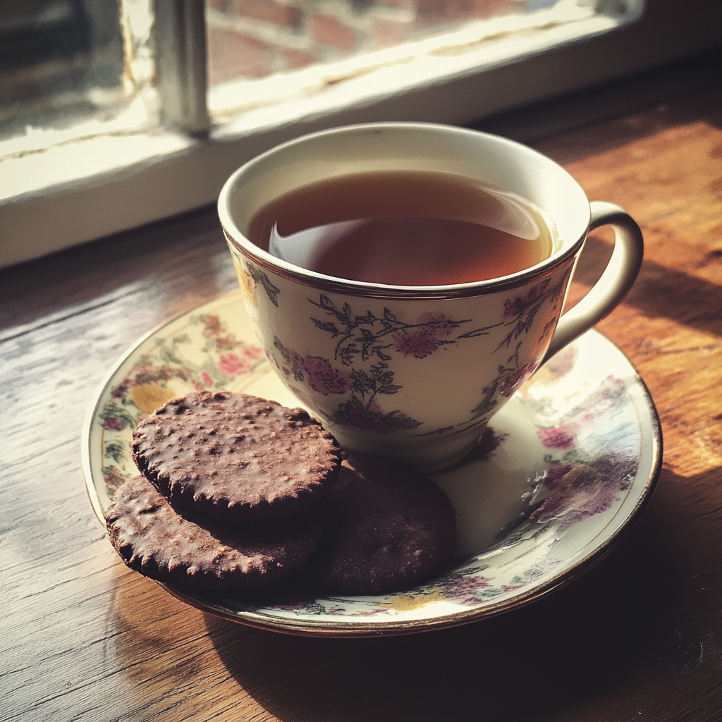 Une tasse de thé avec des biscuits au chocolat | Source : Midjourney