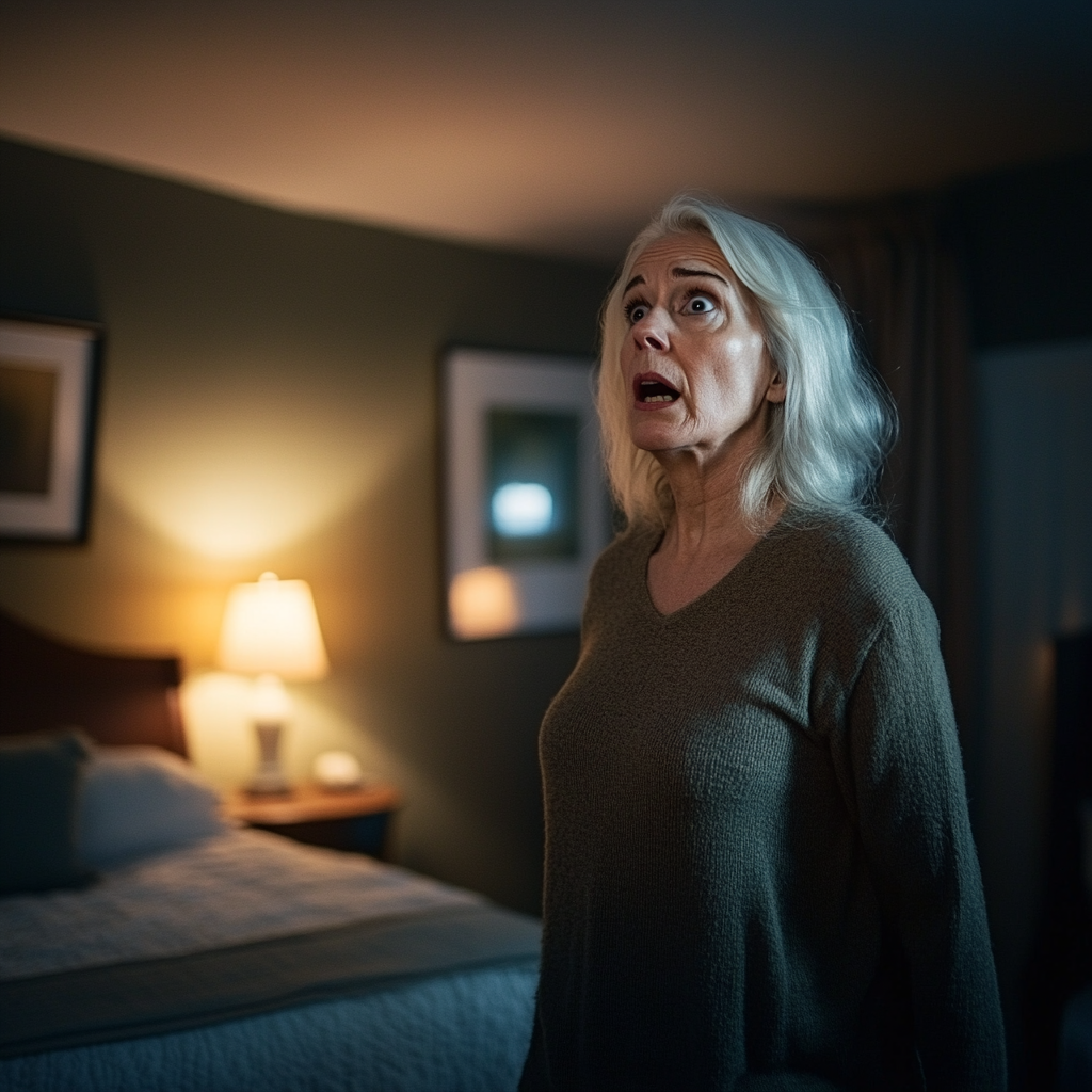 A stunned woman standing in her room | Source: Midjourney