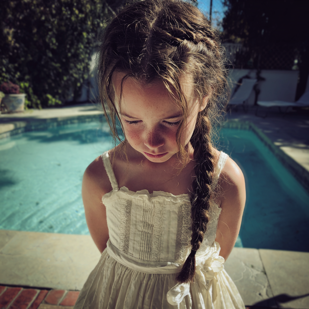 A little girl looking down at her feet | Source: Midjourney