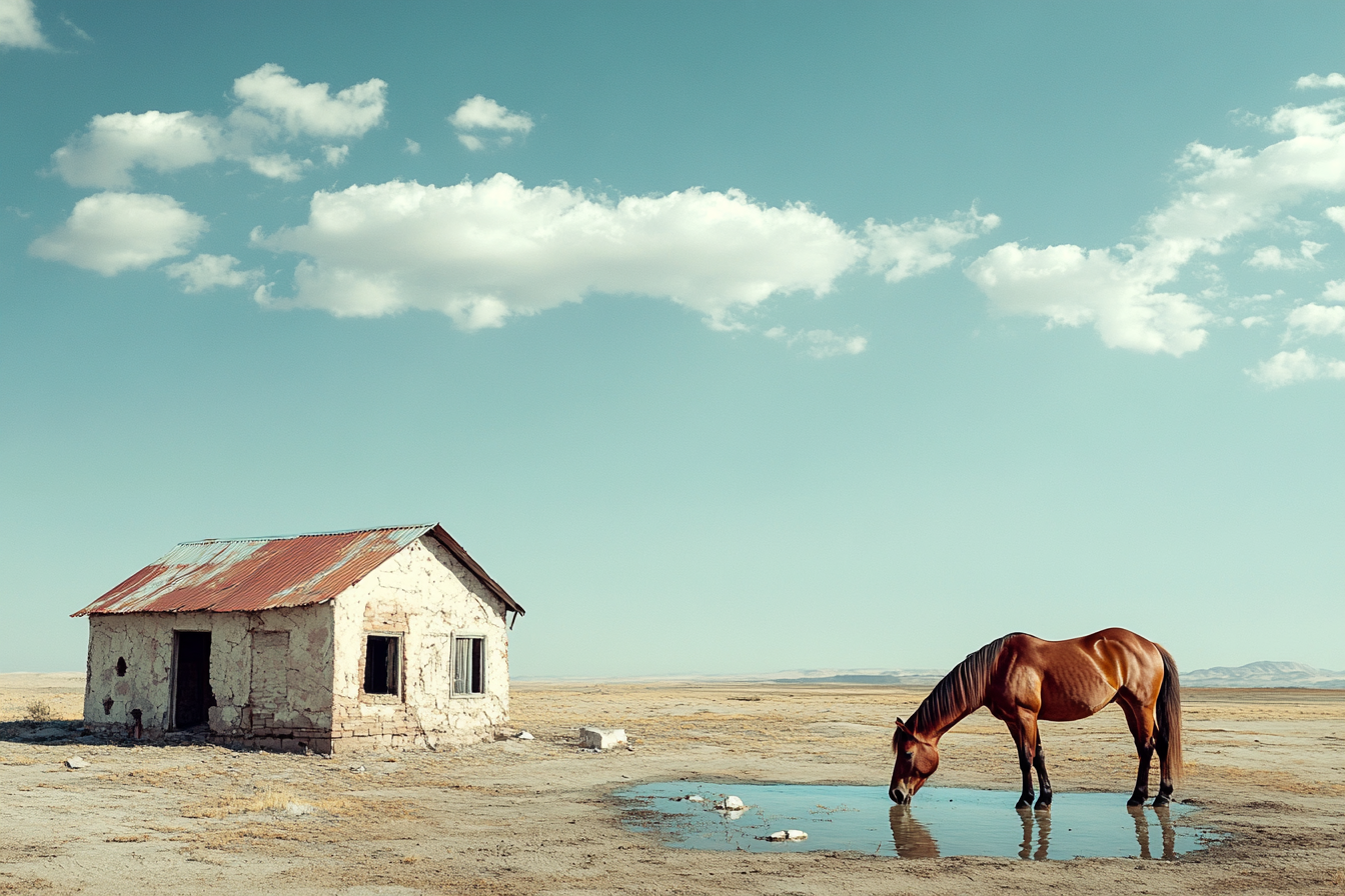 A horse drinking water from a puddle next to a small house in a deserted area | Source: Midjourney