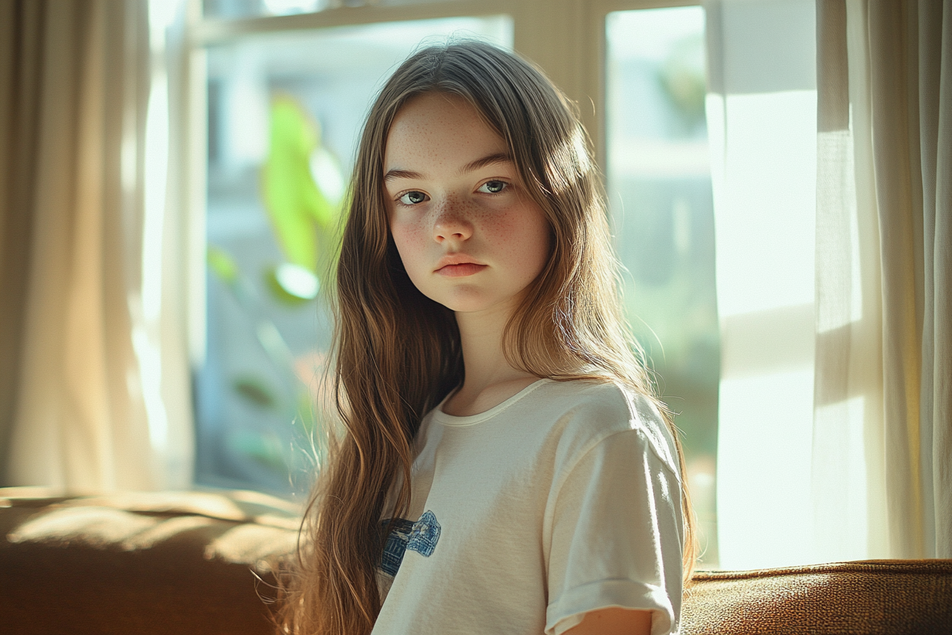 A young girl standing in a living room | Source: Midjourney