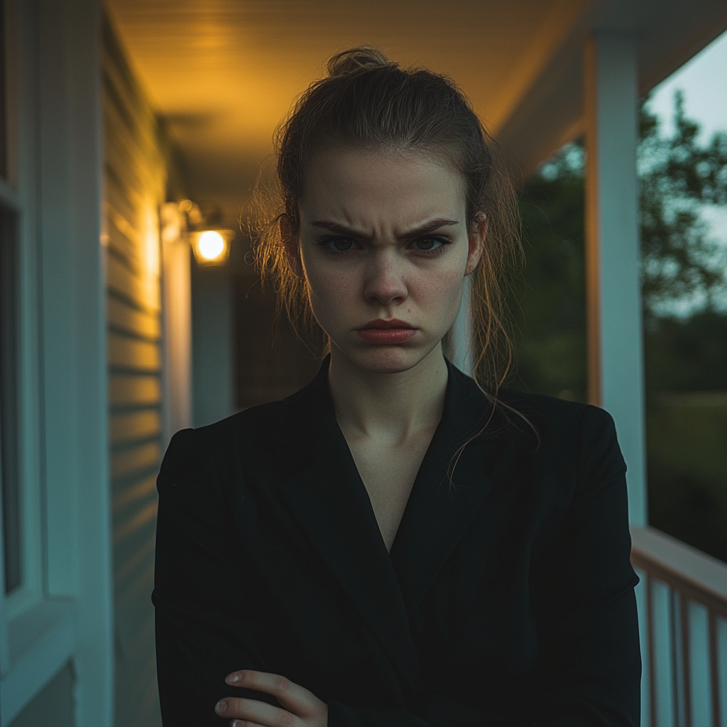 An angry woman standing on a porch | Source: Midjourney