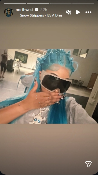 North West gave a closer look at her blue hairstyle and accessories in a selfie posted to Instagram Stories. | Source: Instagram/northwest