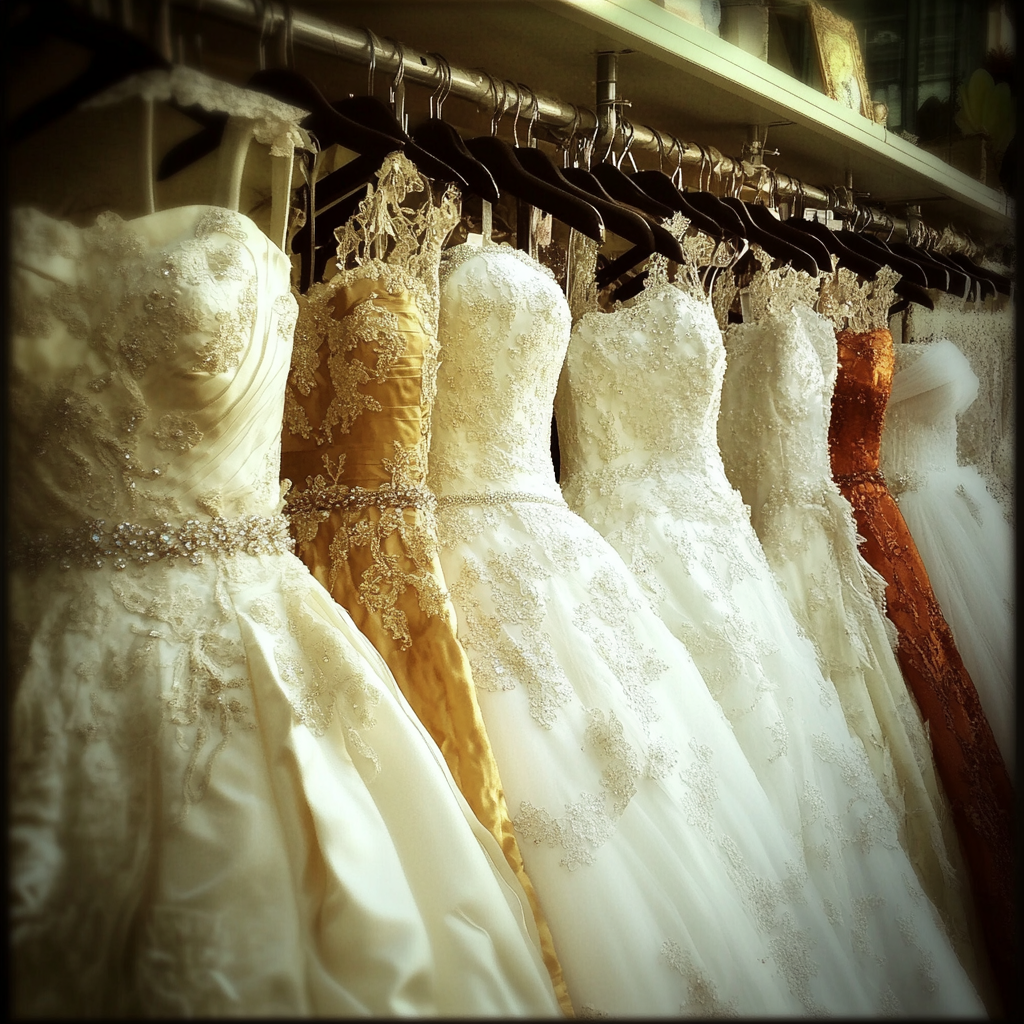 A row of wedding dresses | Source: Midjourney