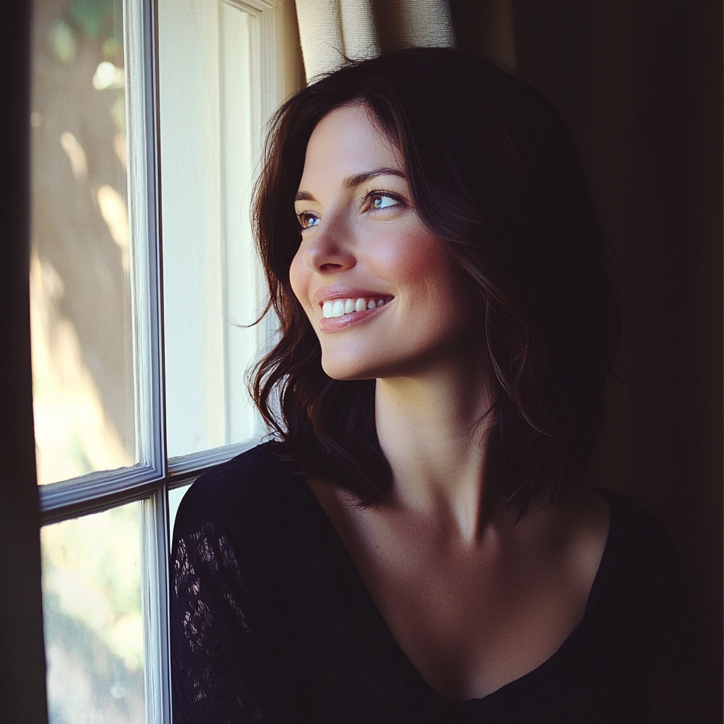 A smiling woman standing by a window | Source: Midjourney