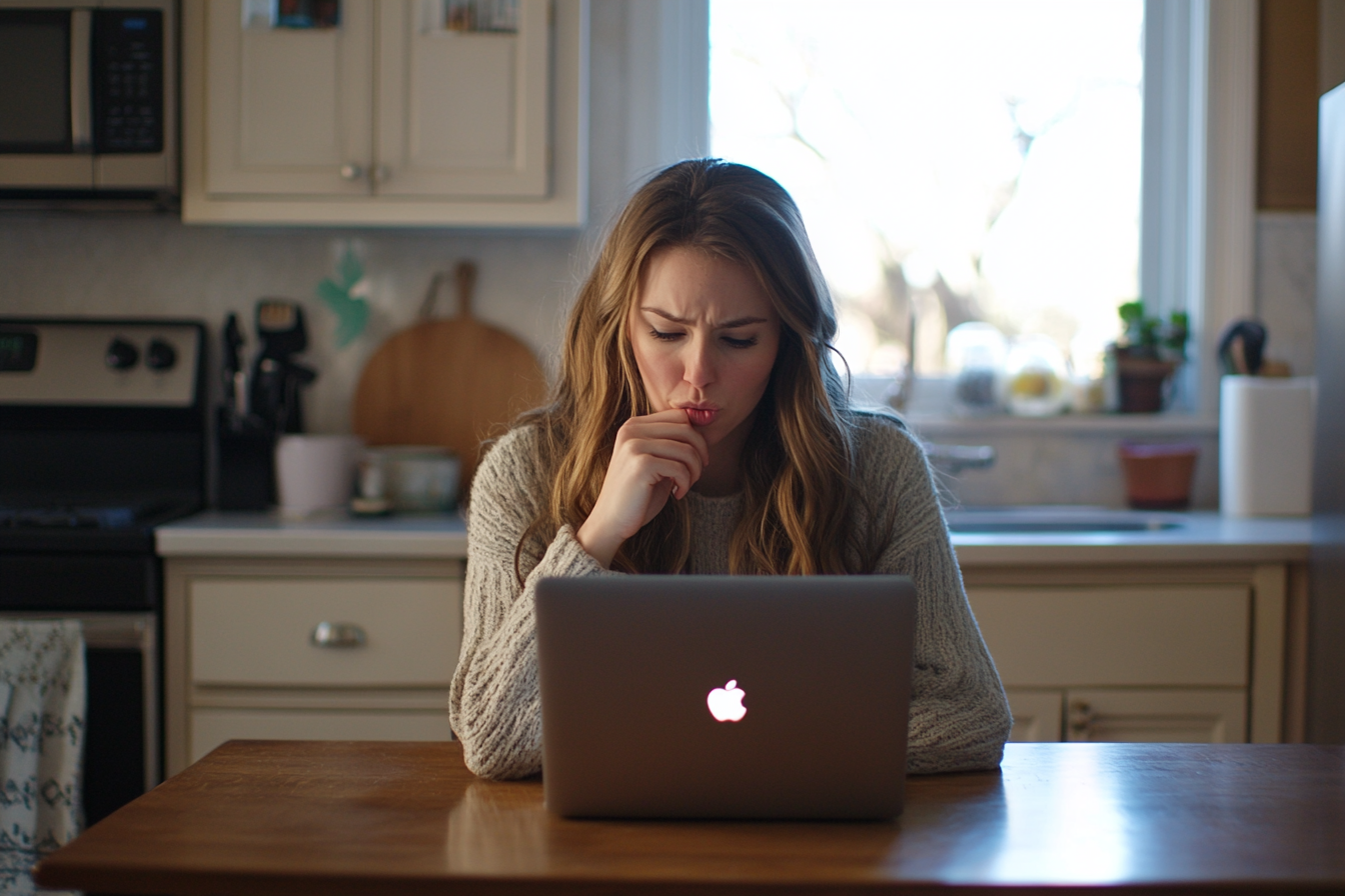 A woman staring thoughtfully at her laptop screen | Source: Midjourney