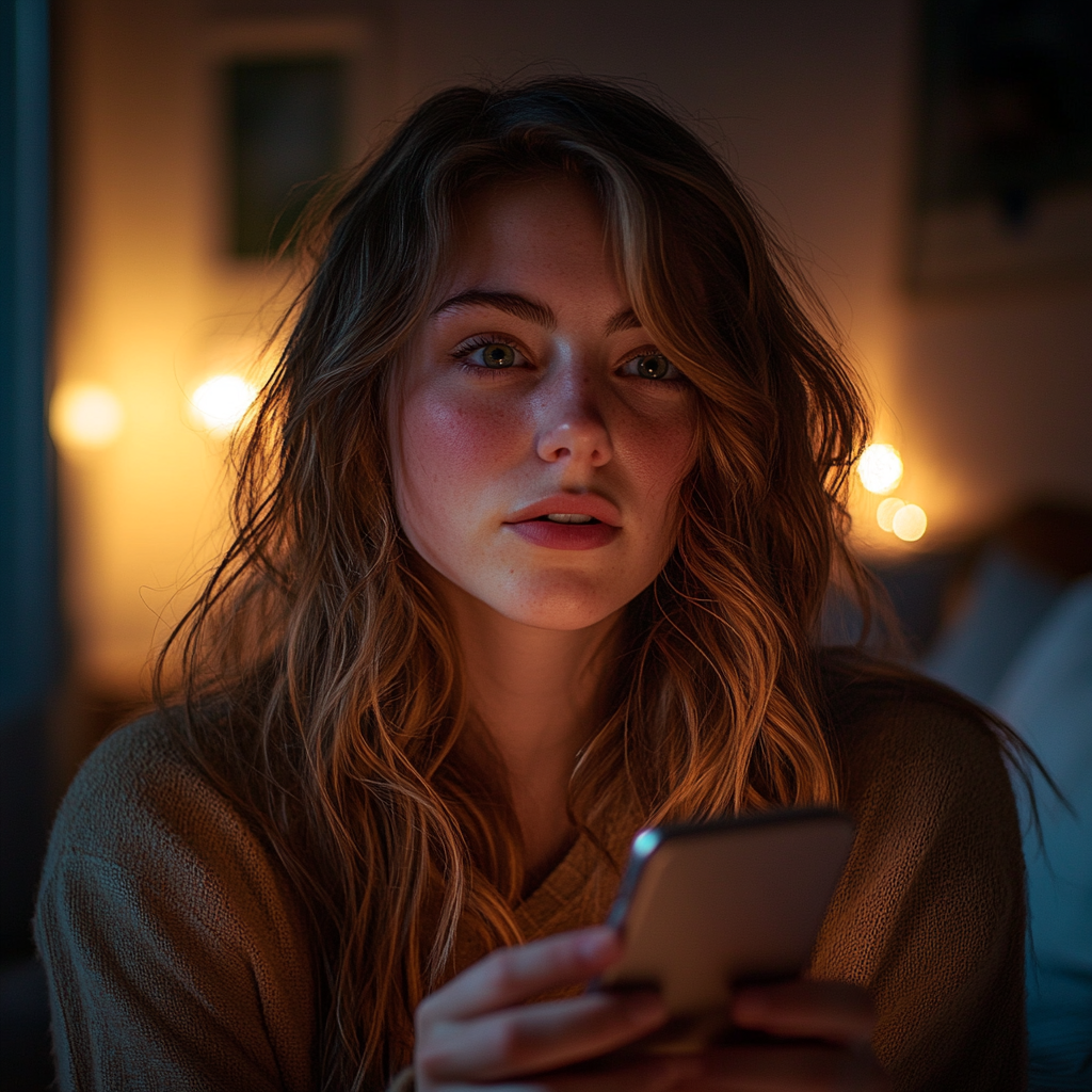 A woman using her phone in her room at night | Source: Midjourney