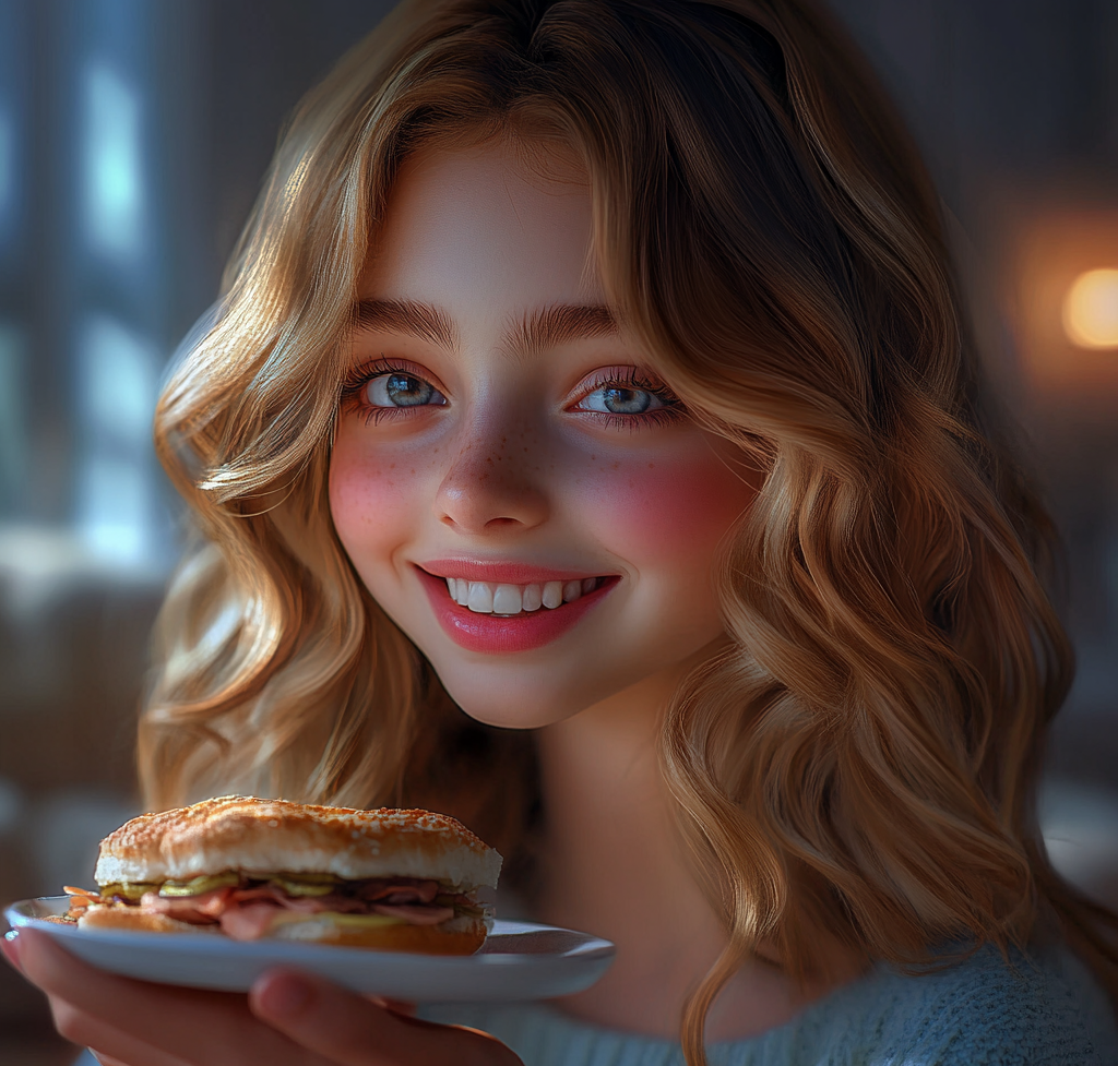 A delighted girl holding a plate of sandwich | Source: Midjourney