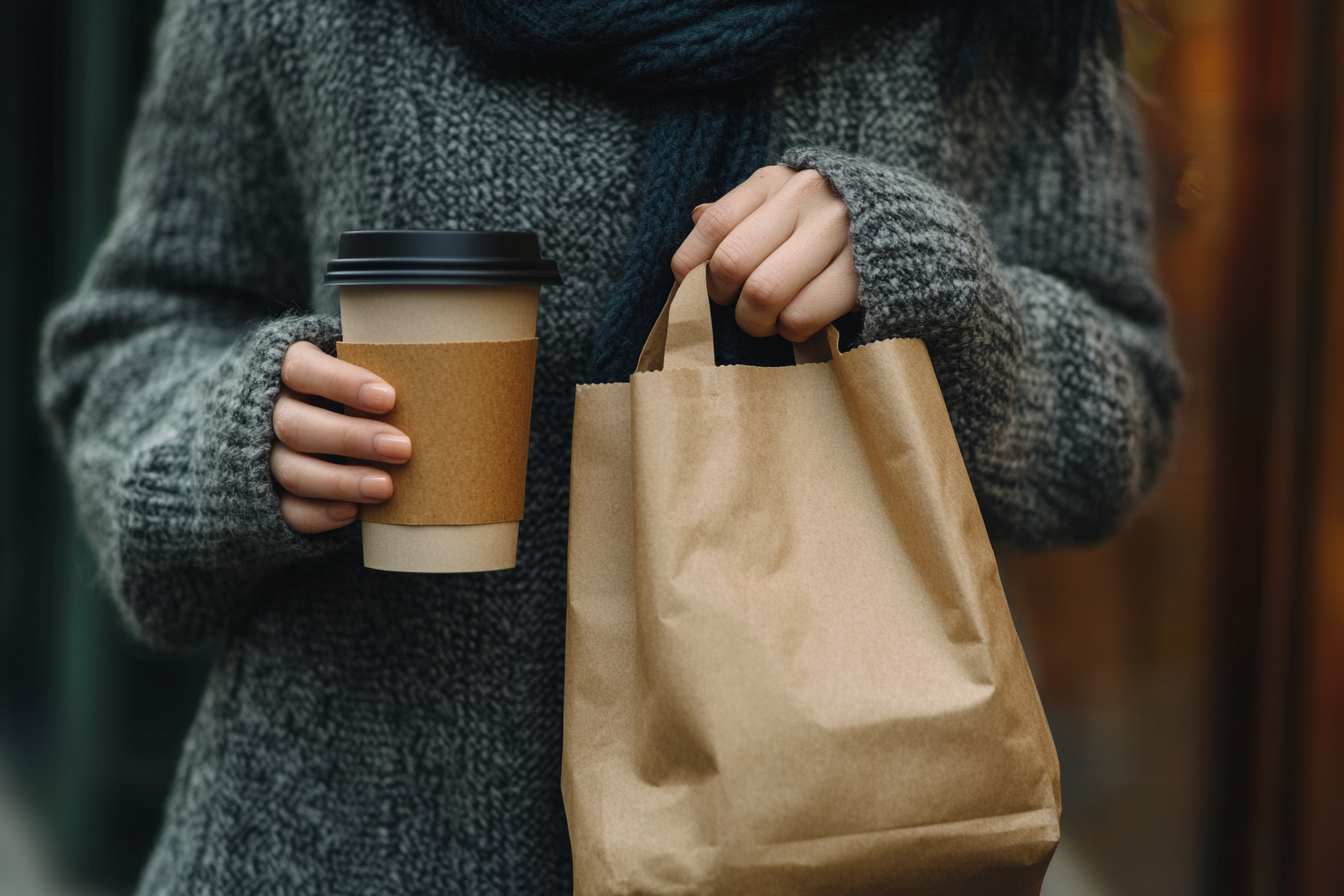 A woman holding a to-go coffee cup and a to-go brown bag | Source: Midjourney