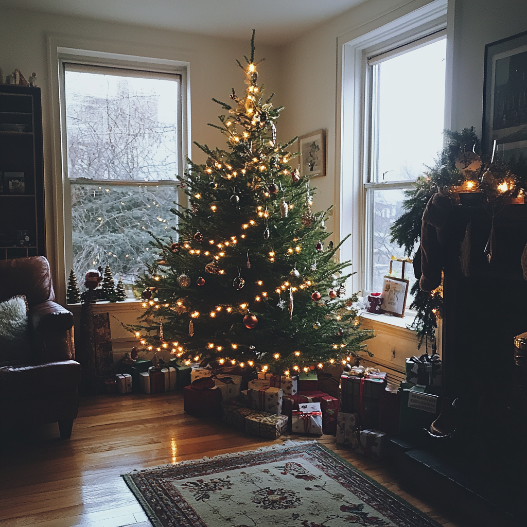 A Christmas tree in a living room | Source: Midjourney