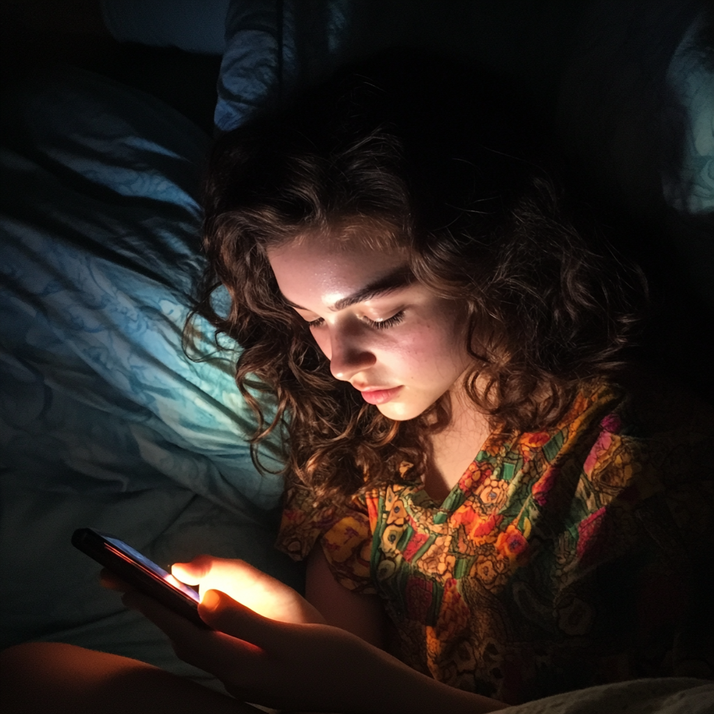 A woman using her phone in bed | Source: Midjourney