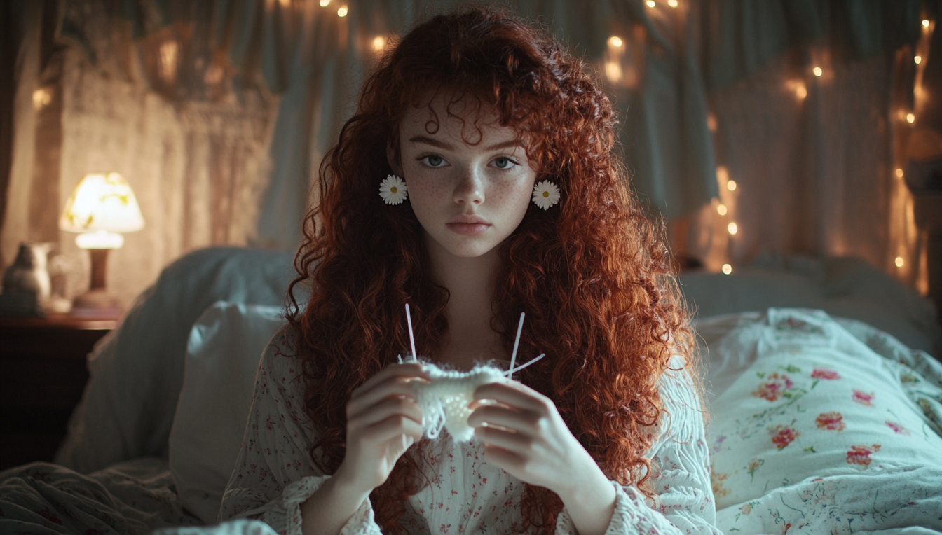 Teenager sitting on the edge of a bed while knitting | Source: Midjourney