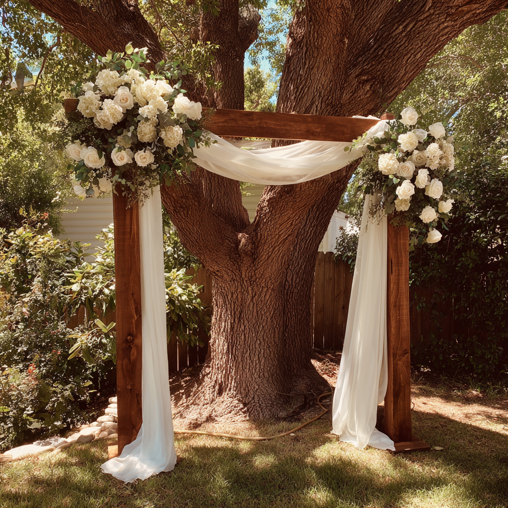 A simple wedding arch in a backyard | Source: Midjourney