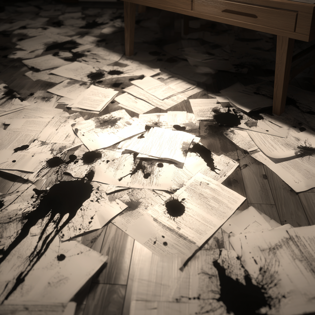 Sheets of ink-stained paper lying on the floor | Source: Midjourney