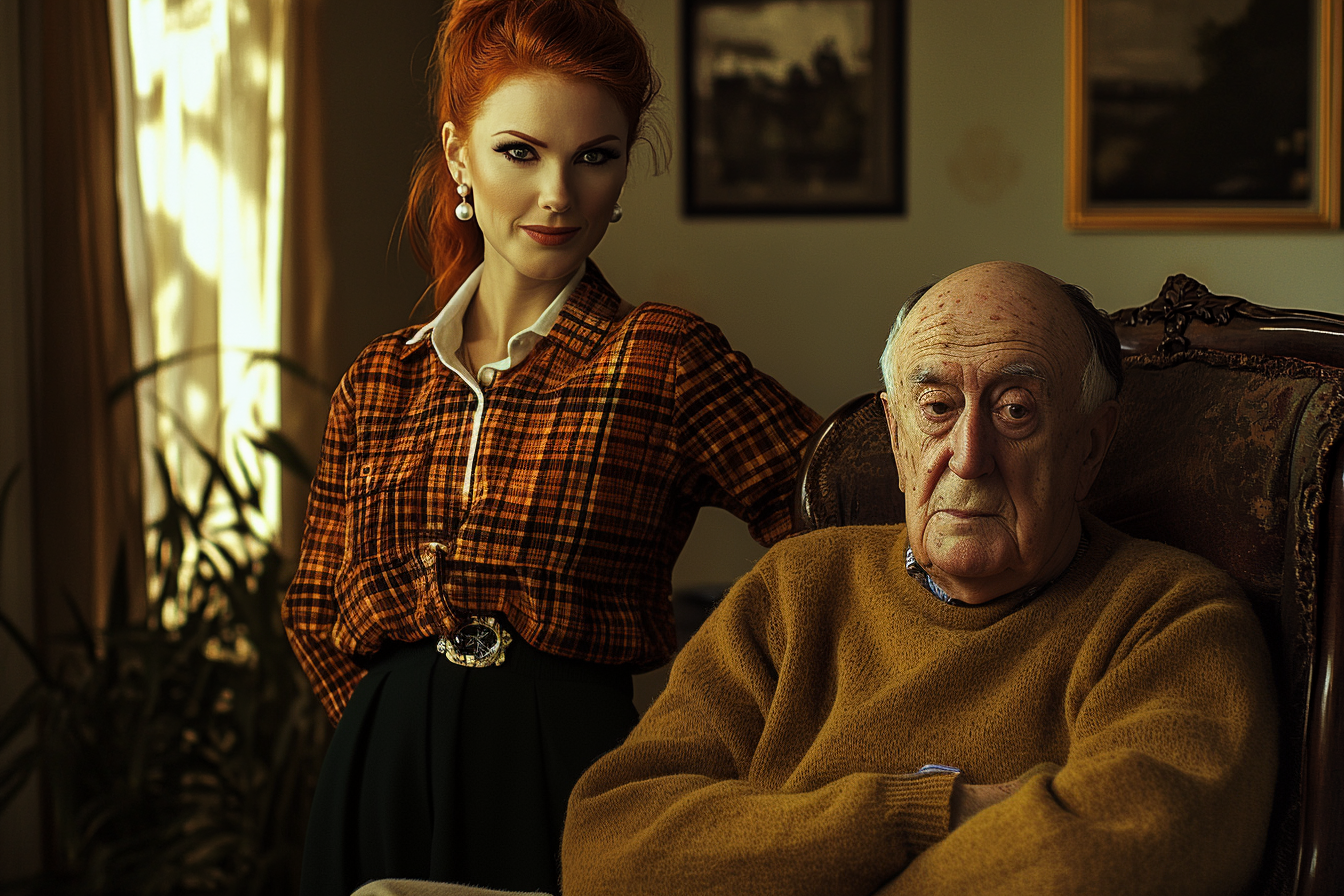 Woman in her 40s smiling and standing behind her father in his 70s who is sitting in an armchair | Source: Midjourney