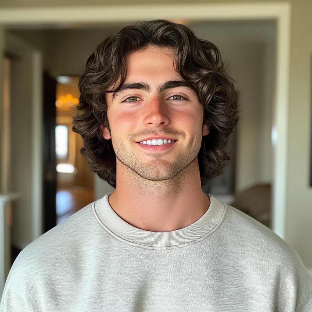 A smiling young man wearing a white sweatshirt | Source: Midjourney