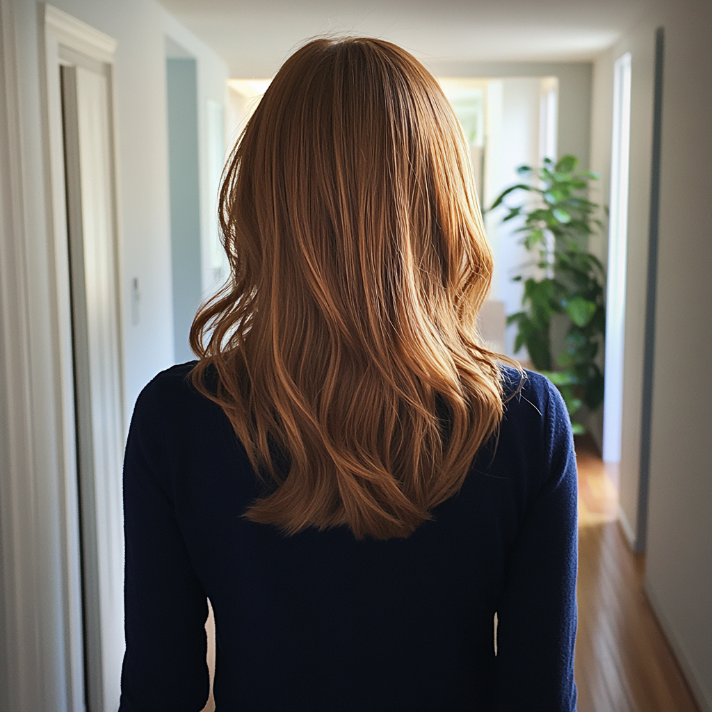 A woman walking down a hallway | Source: Midjourney