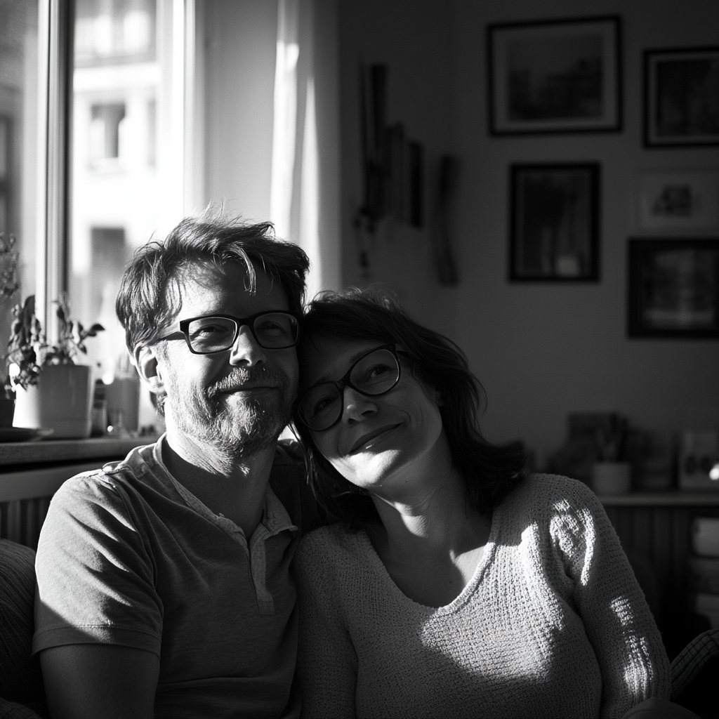 A happy couple in their living room | Source: Midjourney