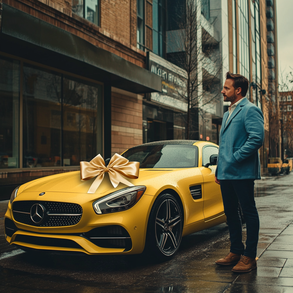 Man presenting a car as a birthday gift to his wife | Source: Midjourney