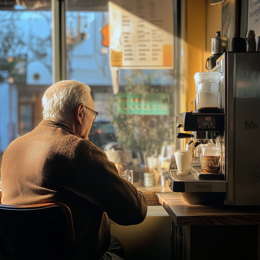 Homem idoso sentado ao lado de uma máquina de café | Fonte: Midjourney