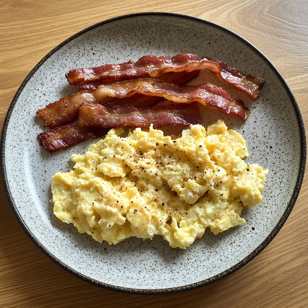 Eggs and bacon on a plate | Source: Midjourney