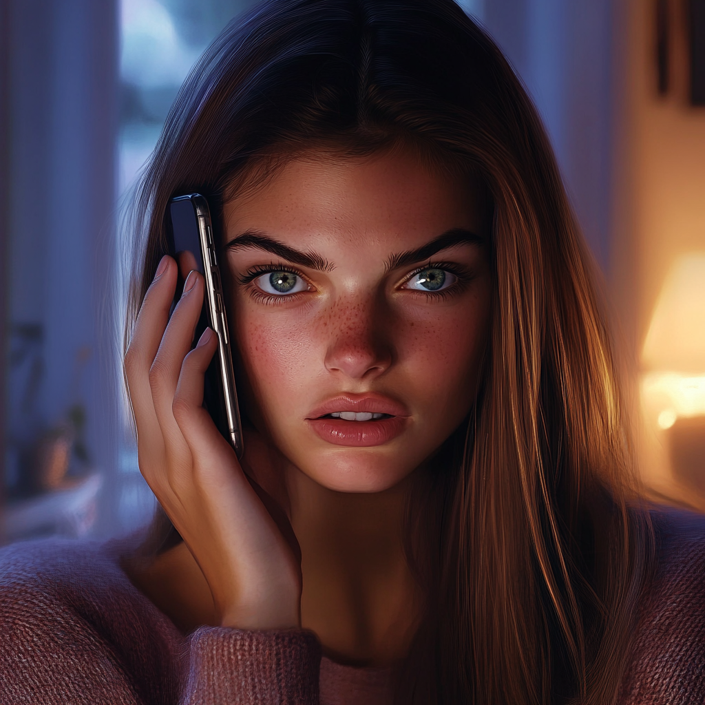 An anxious young woman talking on the phone | Source: Midjourney