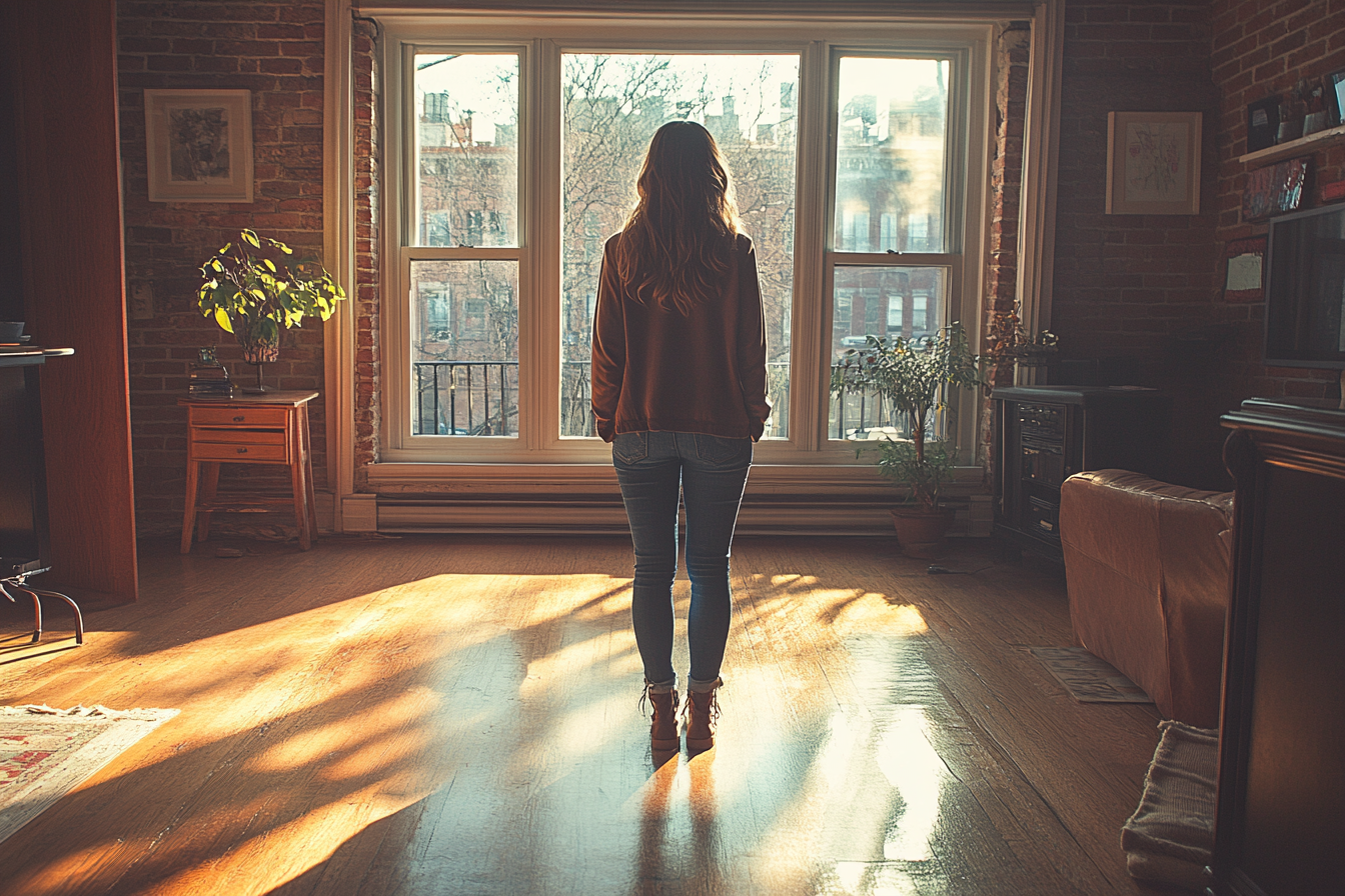 A woman standing in the living room of an apartment building | Source: Midjourney