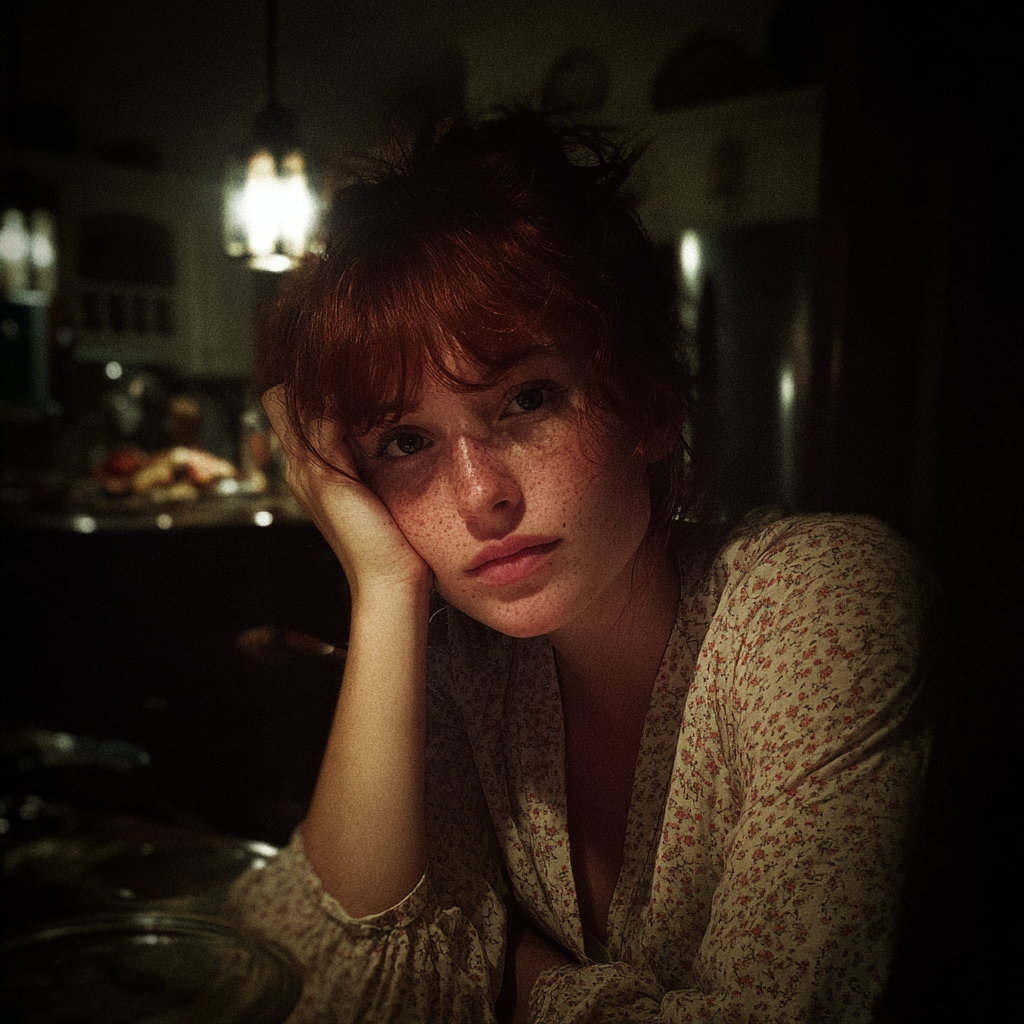 A tired woman sitting at a kitchen table at night | Source: Midjourney