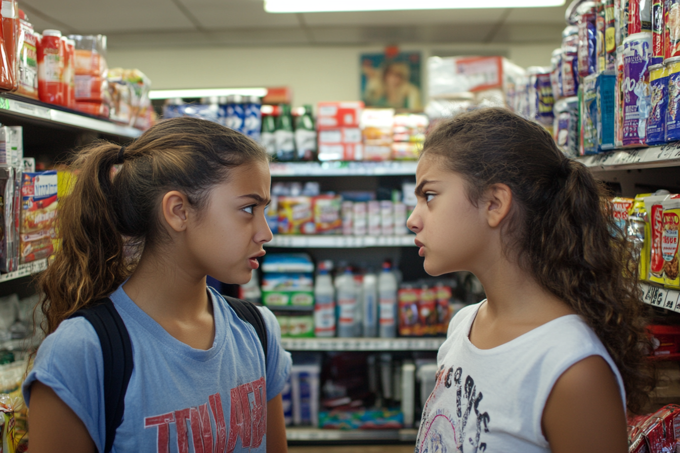 Hermanas adolescentes discutiendo en una pequeña tienda de conveniencia | Fuente: Midjourney