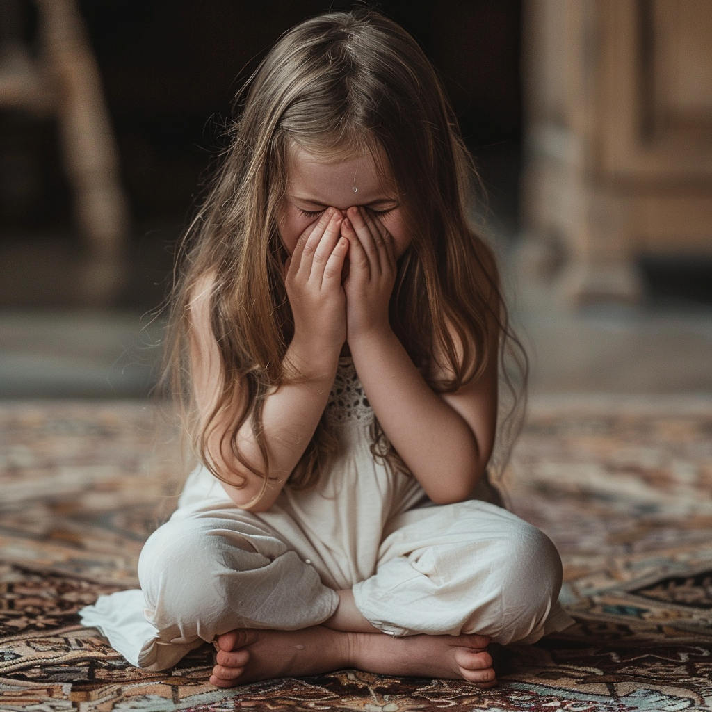 A little girl crying while sitting on the floor | Source: Midjourney