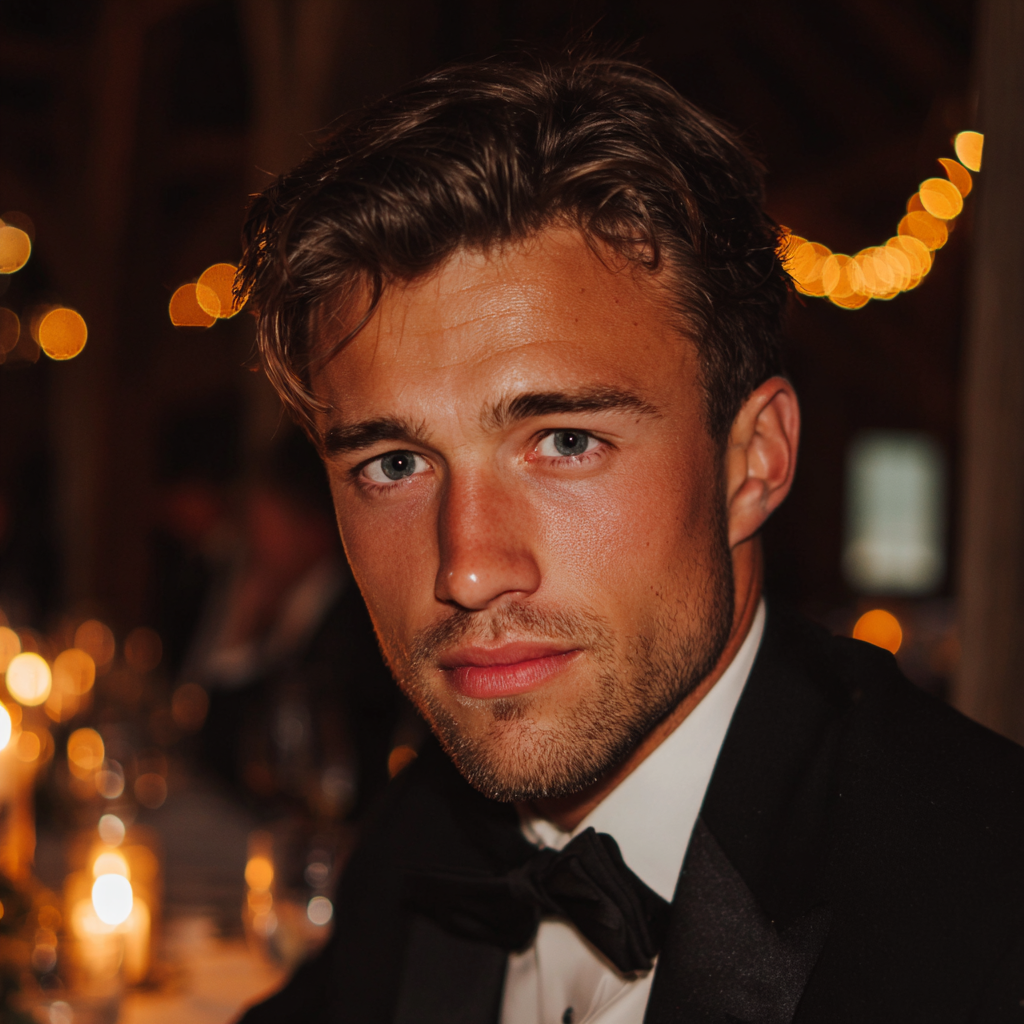 A close up of a groom wearing a black tux | Source: Midjourney