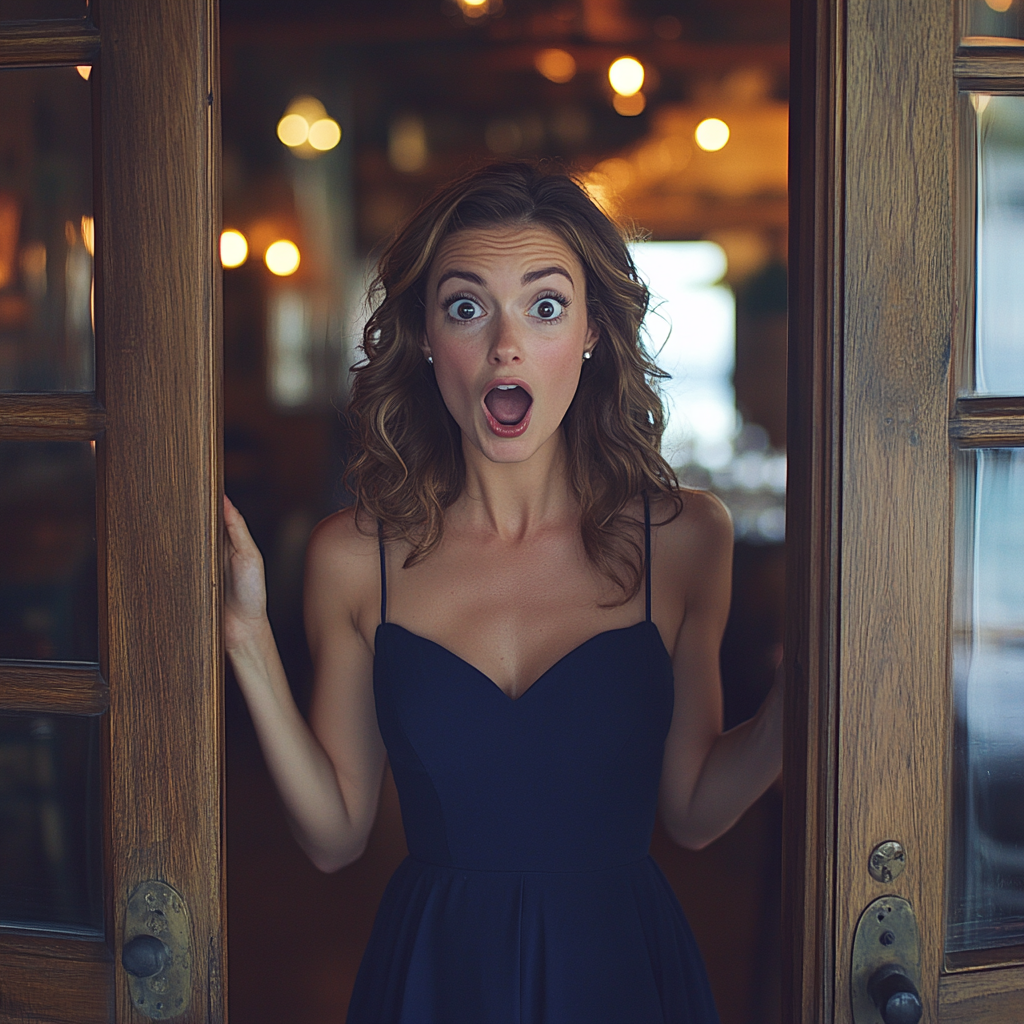 A shocked woman arriving at her party | Source: Midjourney