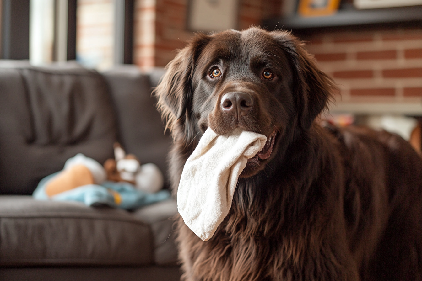 A dog carrying a cloth in its mouth | Source: Midjourney