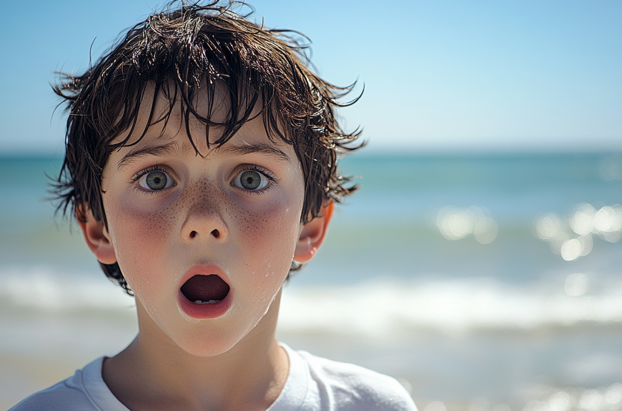 A shocked boy on a beach | Source: Midjourney