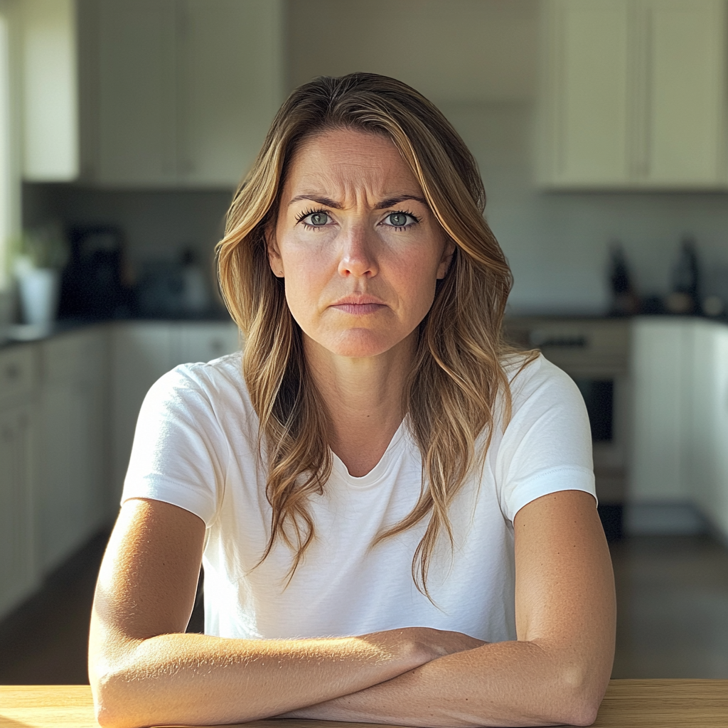 An upset woman sitting at a kitchen table | Source: Midjourney