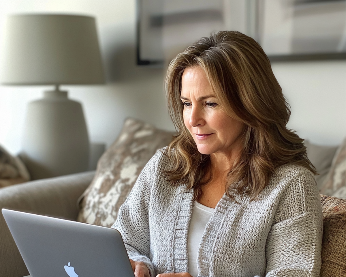 Flight Attendant Woke Me Up & Told Me to Check My Husband's Bag While He Was Away — I Never Expected What I Found 28 A woman sitting on a couch and using a laptop | Source: Midjourney
