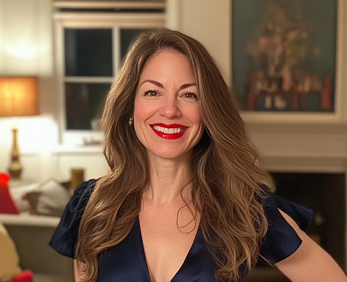 A smiling woman wearing a navy dress | Source: Midjourney