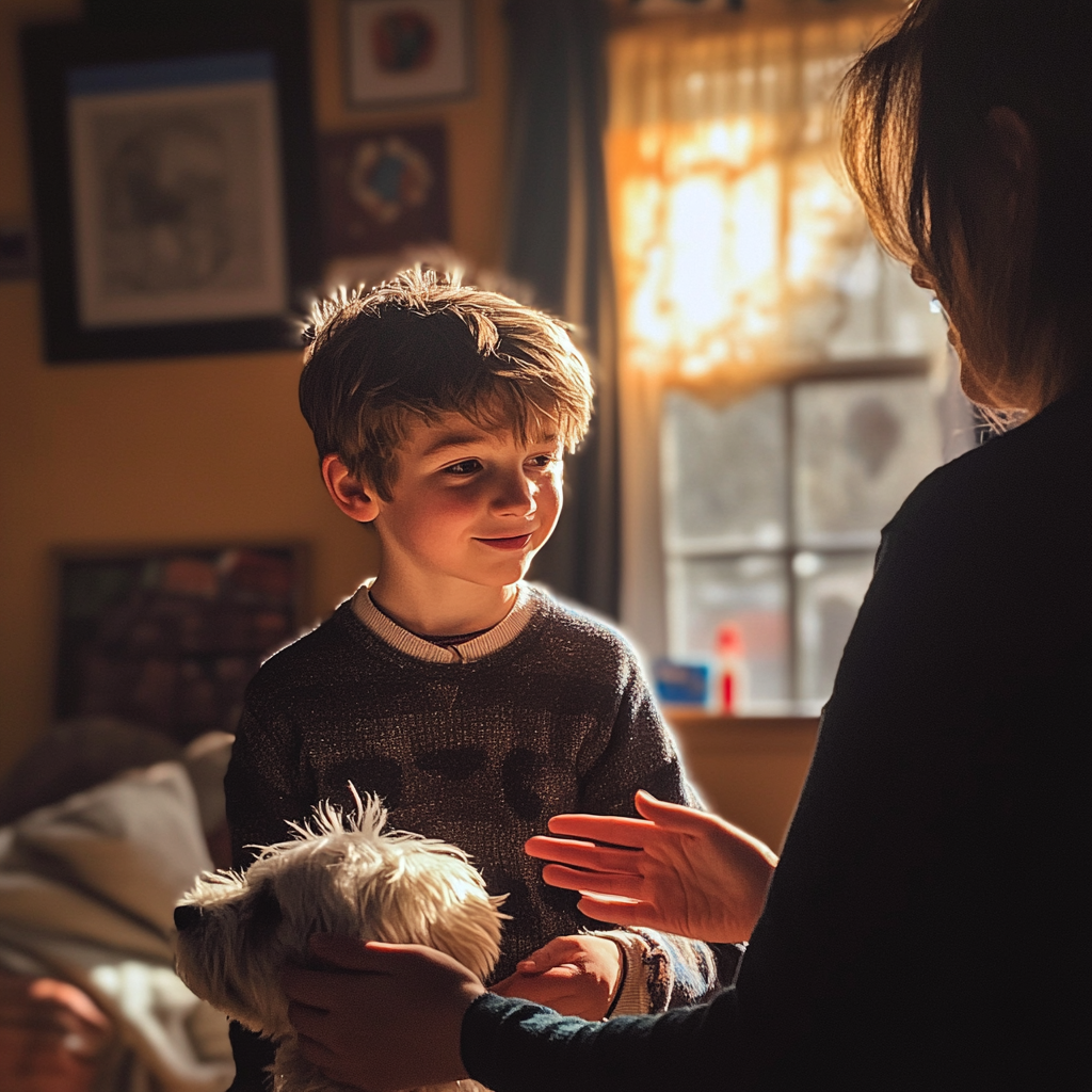 Young boy bonding with his dog while chatting with his mom. | Source: Midjourney