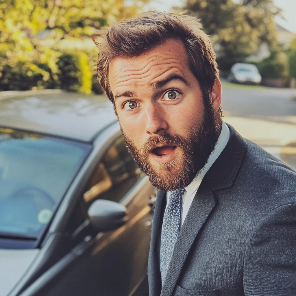 A shocked man standing next to his car | Source: Midjourney